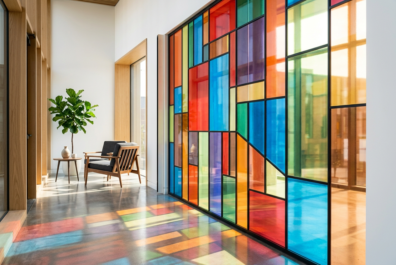 Films décoratifs colorés effet vitrail sur vitrage